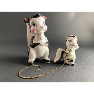 Set of 2 Vintage Skunk Figurines | Mommy & Baby 1950s Porcelain Miniatures
